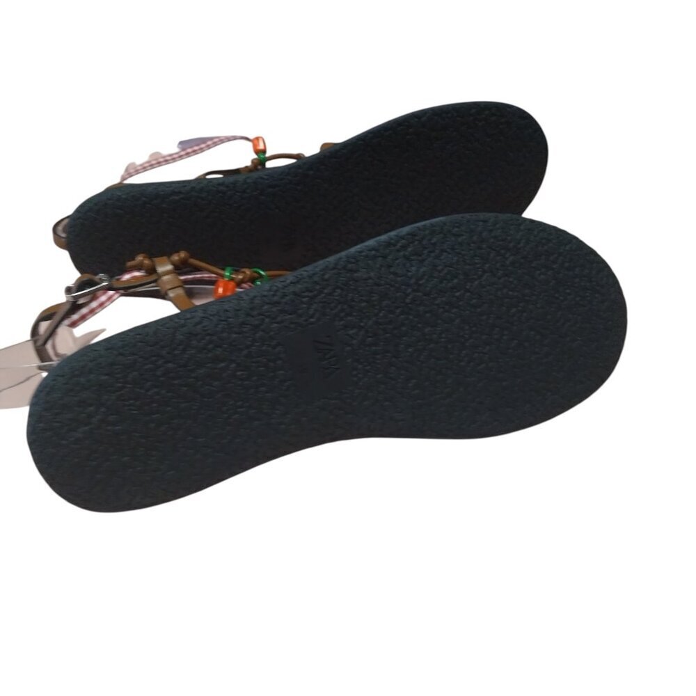 Zara Women’s Size 39 Brown Flat Thong Sandals Strappy Charms Boho Travel Hippie - Picture 7 of 8